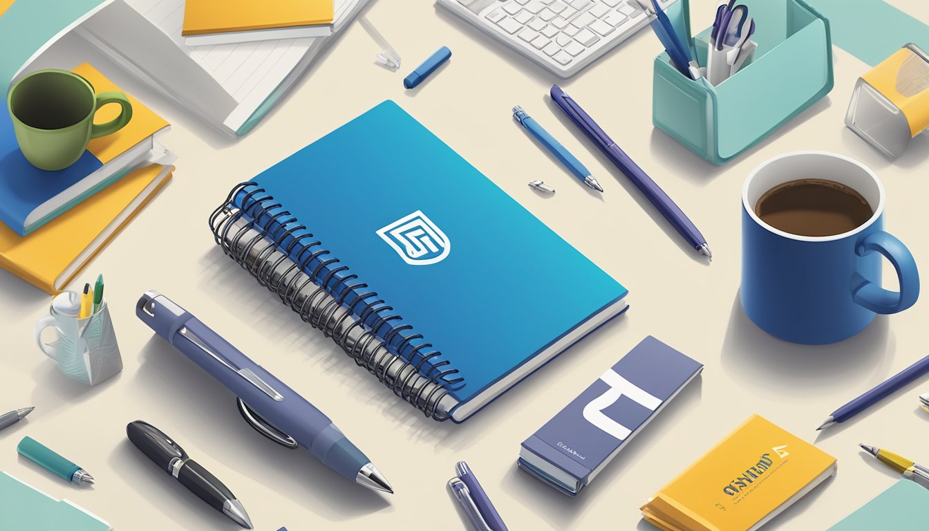 A branded notebook with "Frequently Asked Questions" on the cover, surrounded by corporate gifts like pens and mugs