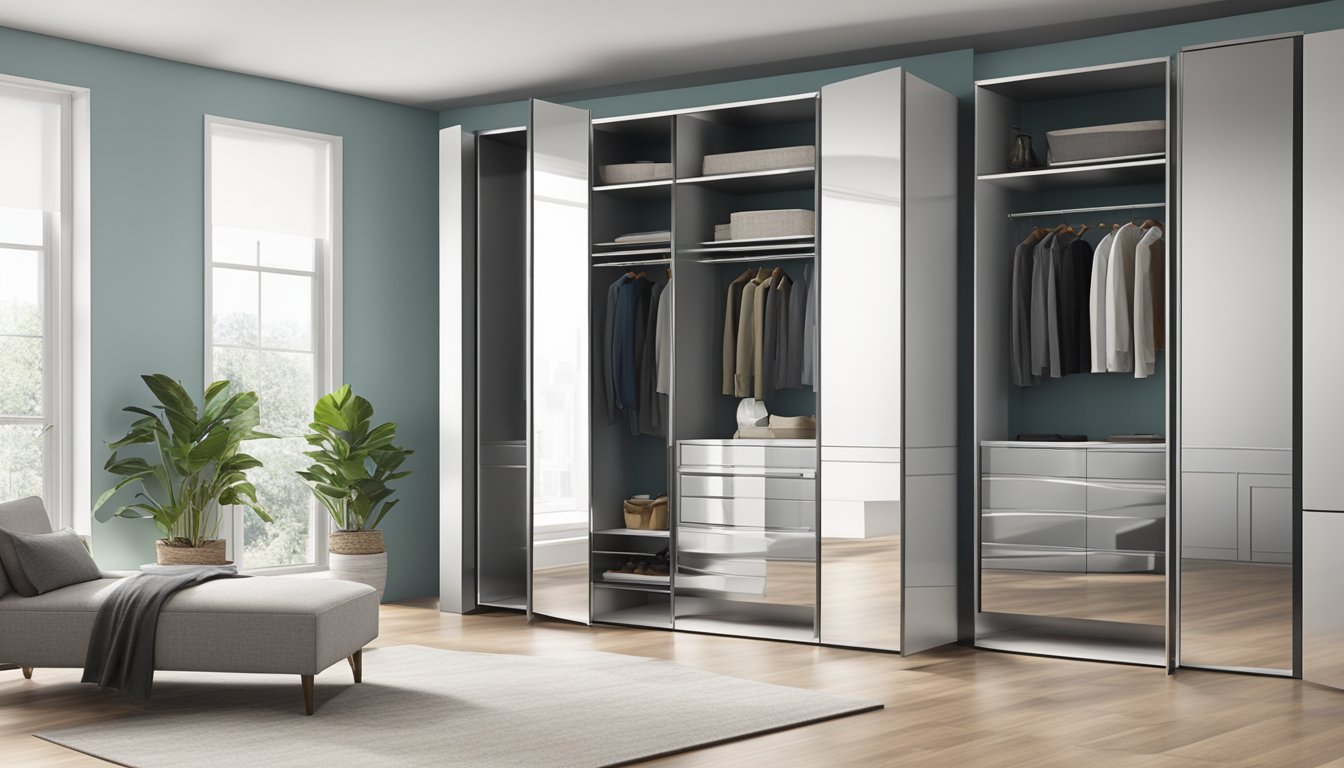 A sleek mirrored wardrobe stands against a wall, reflecting the room's decor. The doors slide open to reveal spacious compartments and built-in shelves