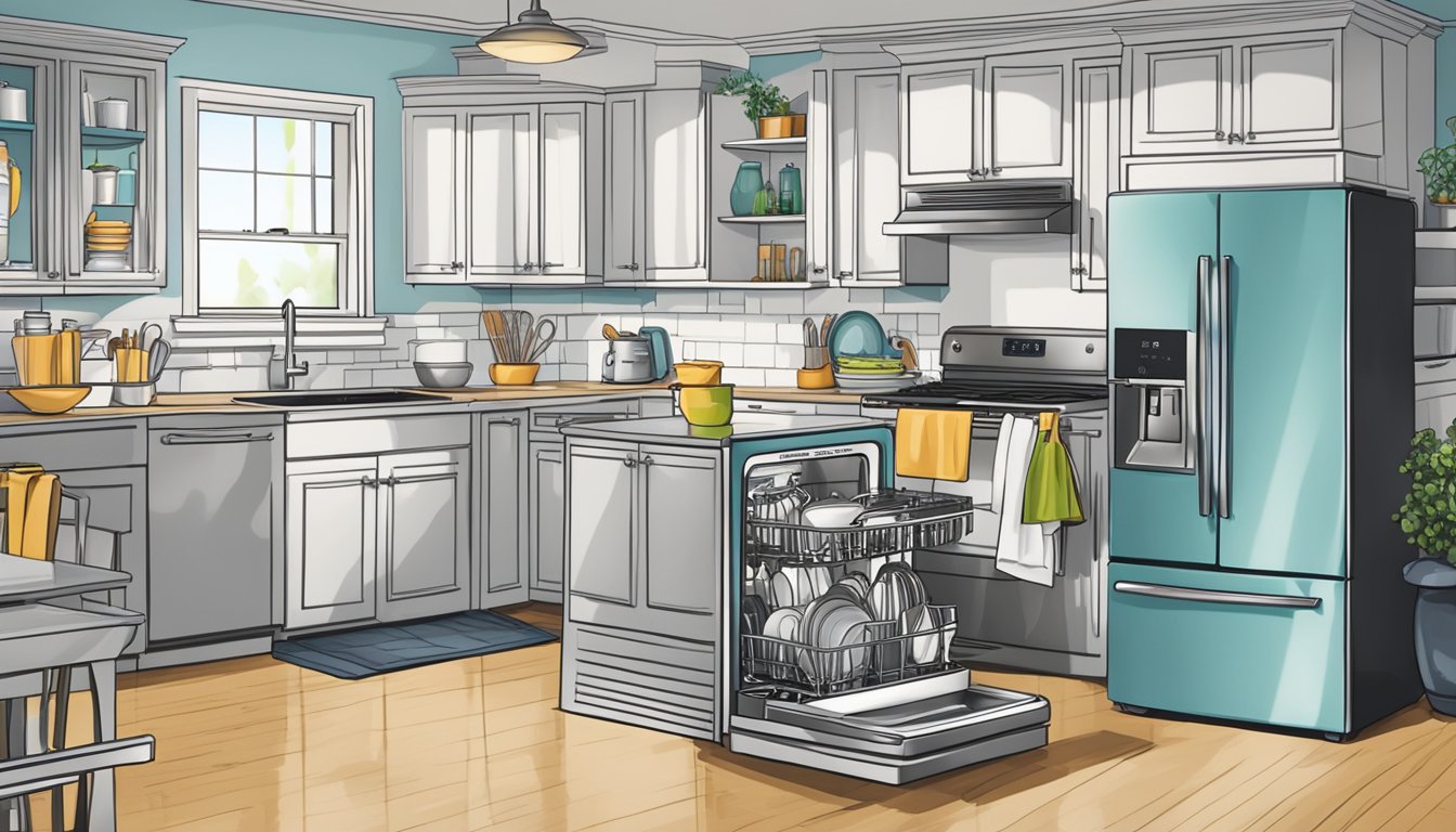 A brightly lit kitchen with a sleek, modern dishwasher prominently displayed, surrounded by various kitchen utensils and appliances. A "Dishwasher Sale" sign is prominently featured, drawing attention to the appliance