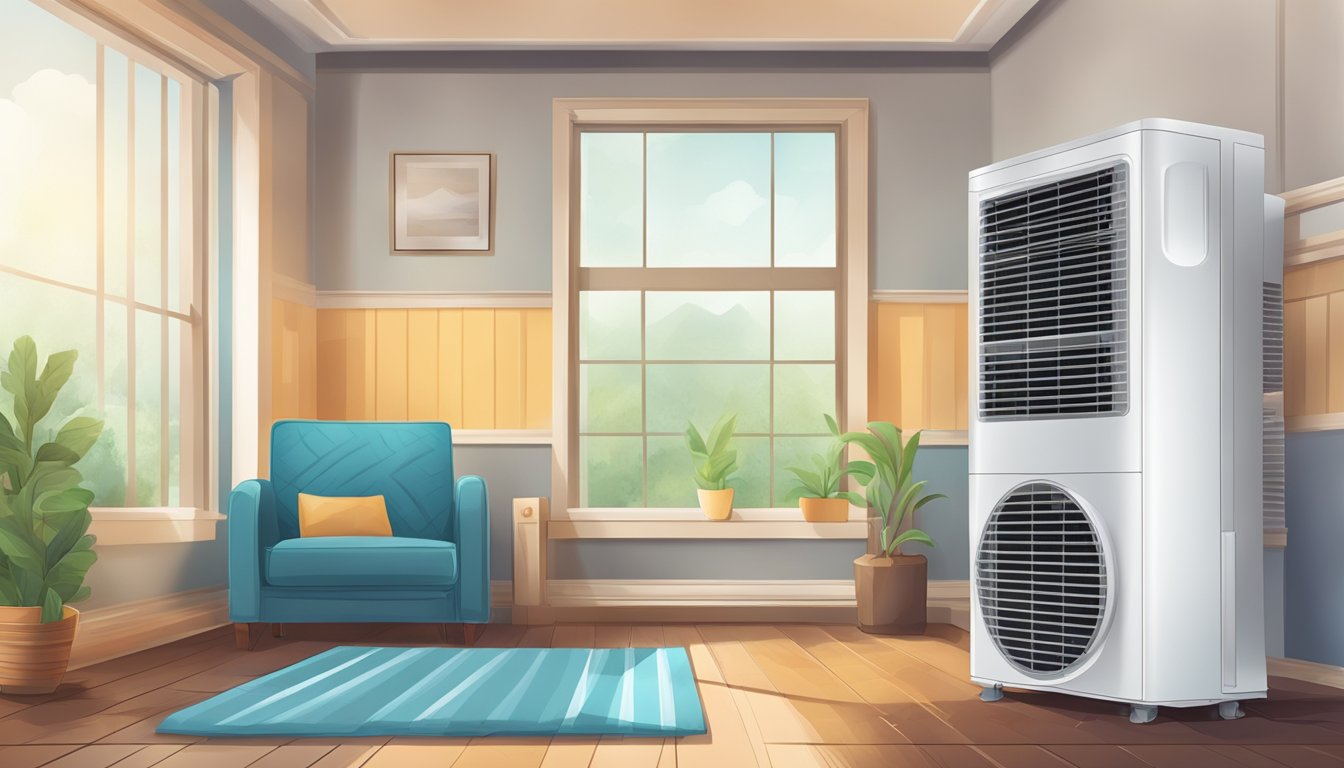 A room with a running air conditioner set to dry mode, showing a decrease in humidity levels and a comfortable, dry atmosphere