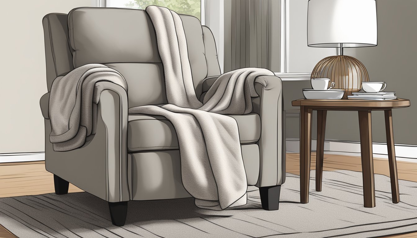 A plush recliner chair in a cozy living room, with a soft blanket draped over the armrest and a side table holding a cup of tea