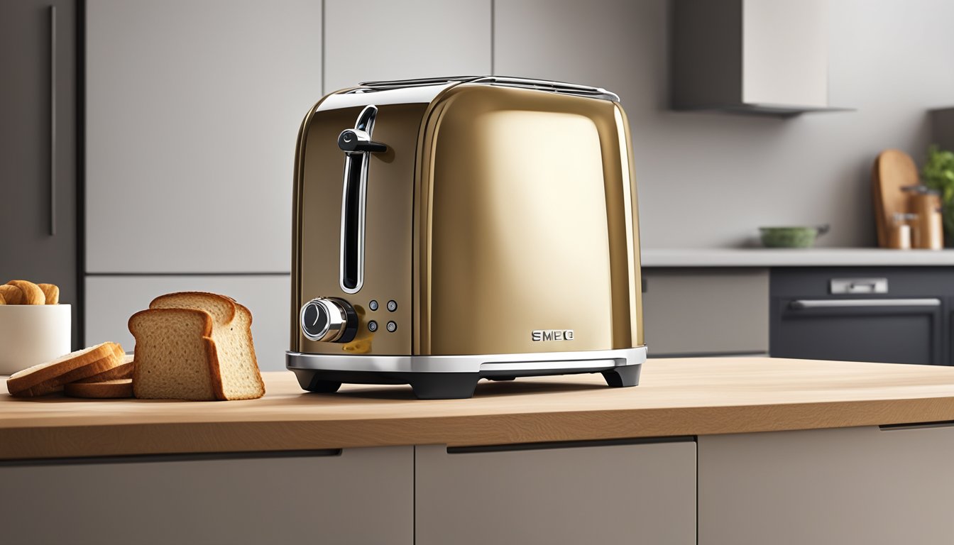 A smeg toaster sits on a clean, modern kitchen counter, with a slice of golden brown toast popping up from the top slot