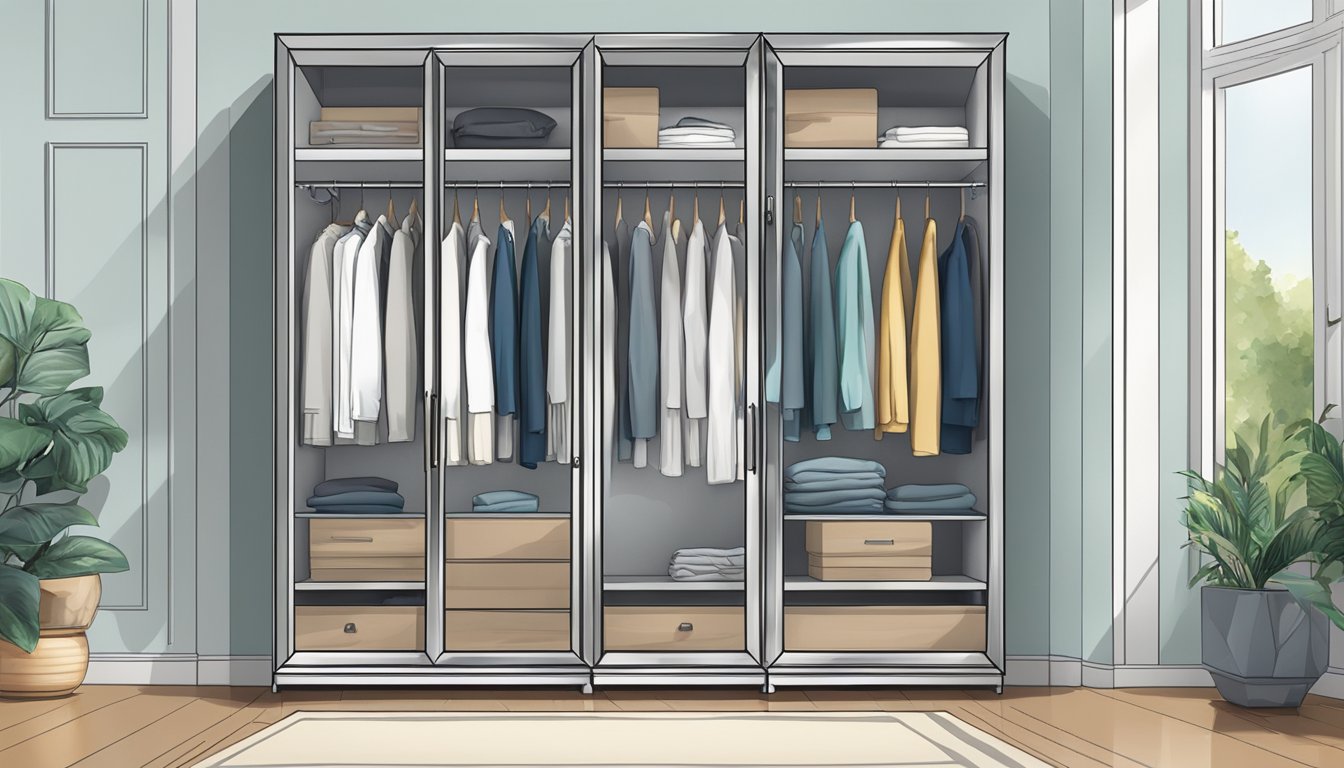 A mirrored wardrobe with "Frequently Asked Questions" printed on the front, reflecting a neatly organized interior