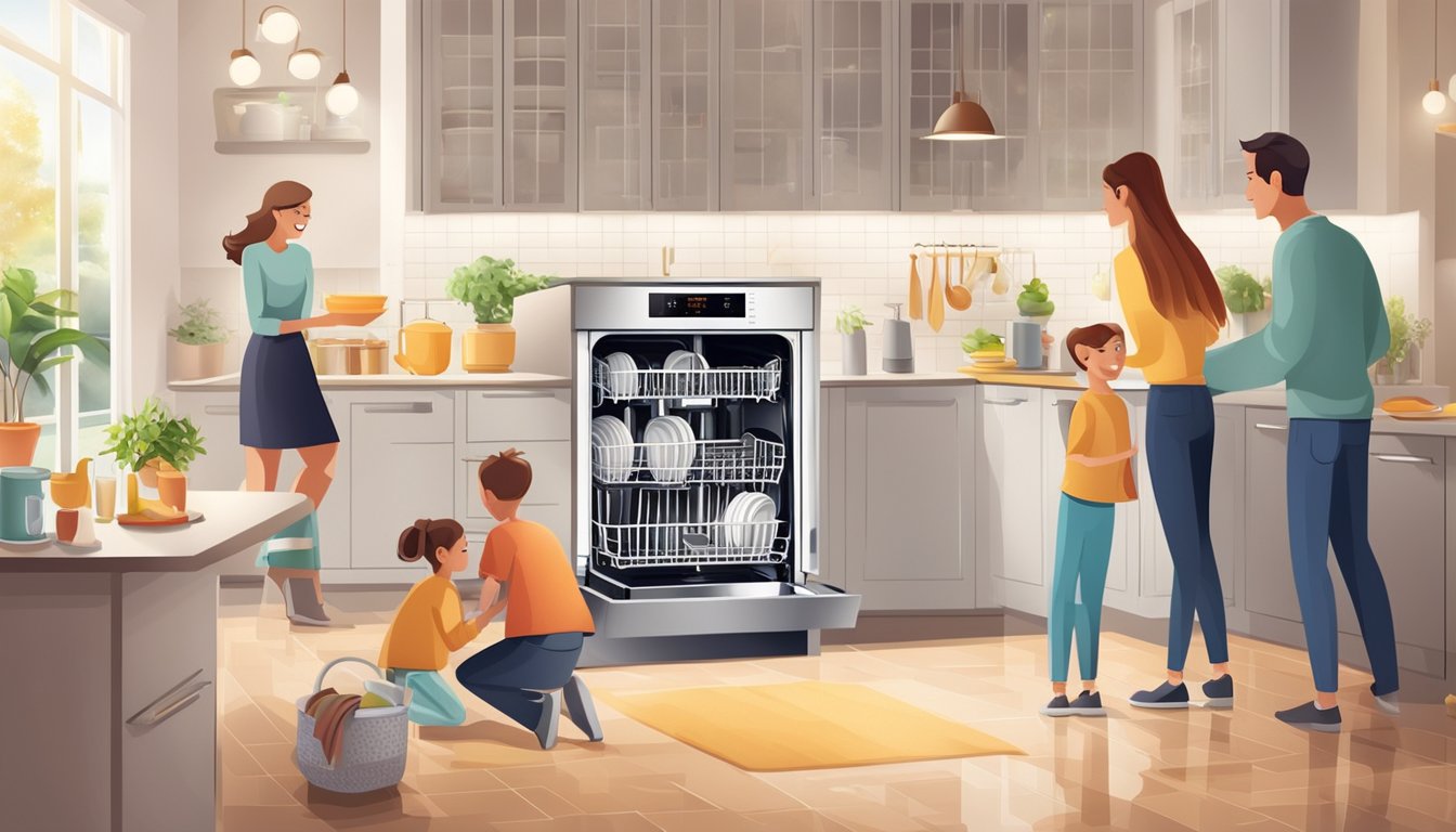 A shiny new dishwasher on sale, surrounded by sparkling clean dishes and a happy family enjoying their time together