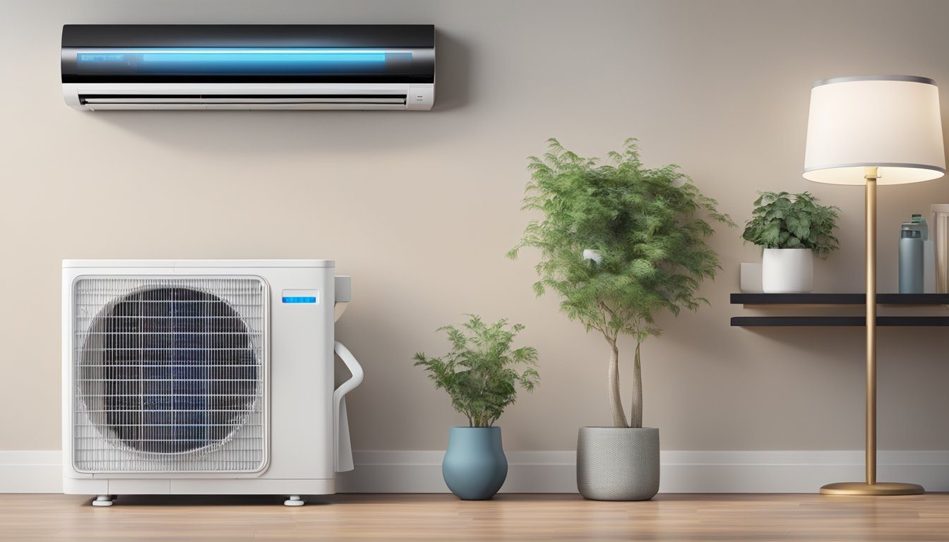 An air conditioner set to dry mode with a digital display showing "Frequently Asked Questions" on a sleek modern unit