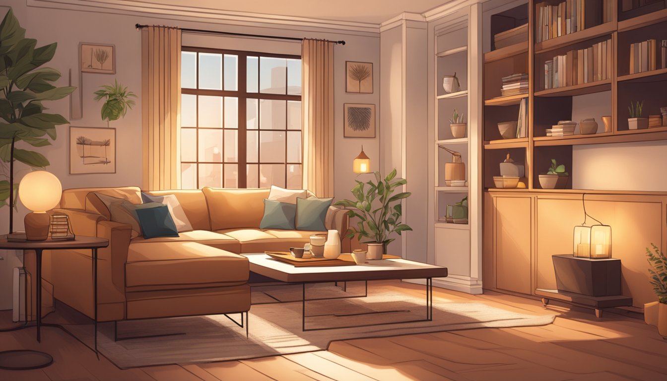 A cozy living room with a compact sofa, coffee table, and shelves. Soft lighting and warm colors create a welcoming atmosphere