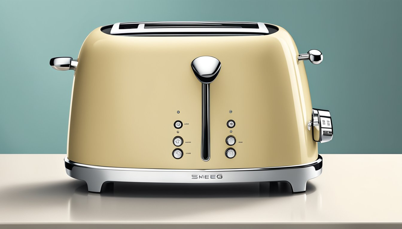 A sleek Smeg toaster sits on a modern kitchen countertop, with its iconic retro design and stainless steel features catching the light