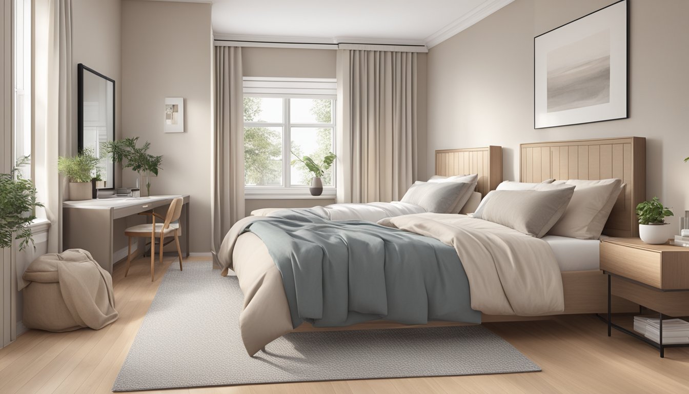 A double bed and a queen bed side by side in a spacious bedroom with neutral colored walls and cozy bedding