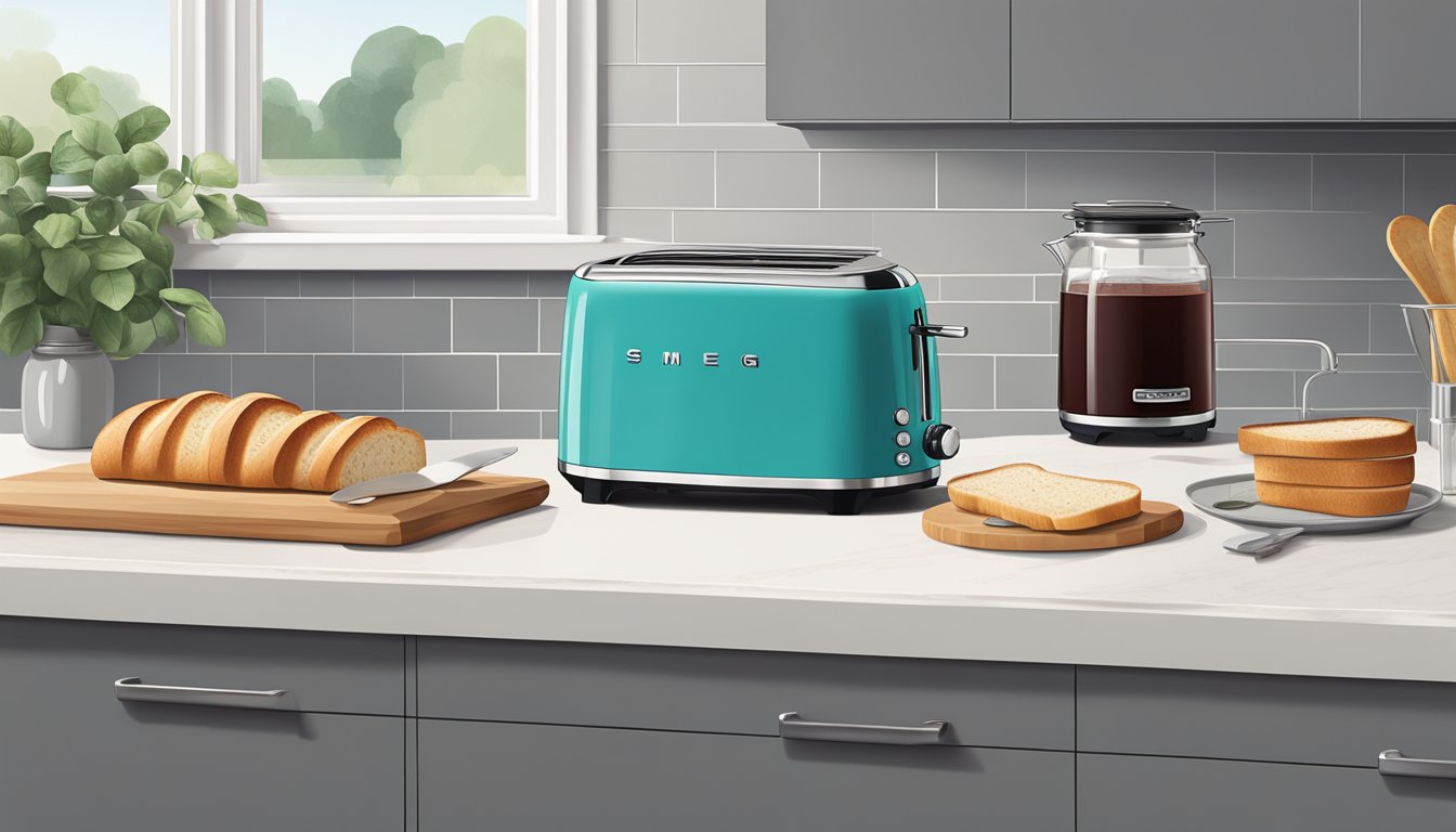 A sleek, modern kitchen counter with a Smeg toaster as the focal point. The toaster is positioned next to a loaf of bread and a jar of jam, showcasing its versatility for breakfast preparation