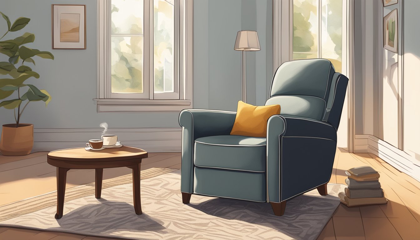 A cozy recliner chair sits in a sunlit living room, surrounded by a warm rug and a small side table with a cup of tea