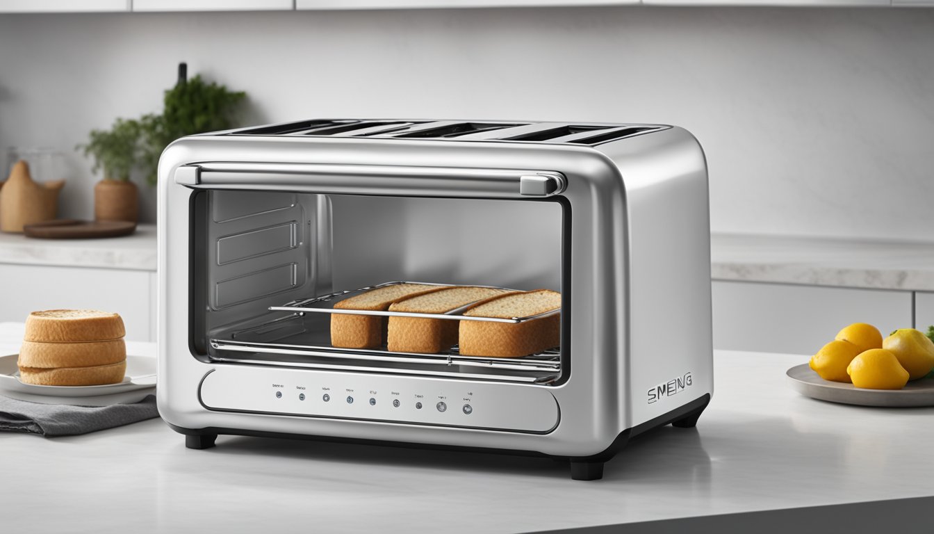 A sleek, modern smeg toaster sits on a clean, white kitchen countertop, with the words "Frequently Asked Questions" displayed prominently on its front panel