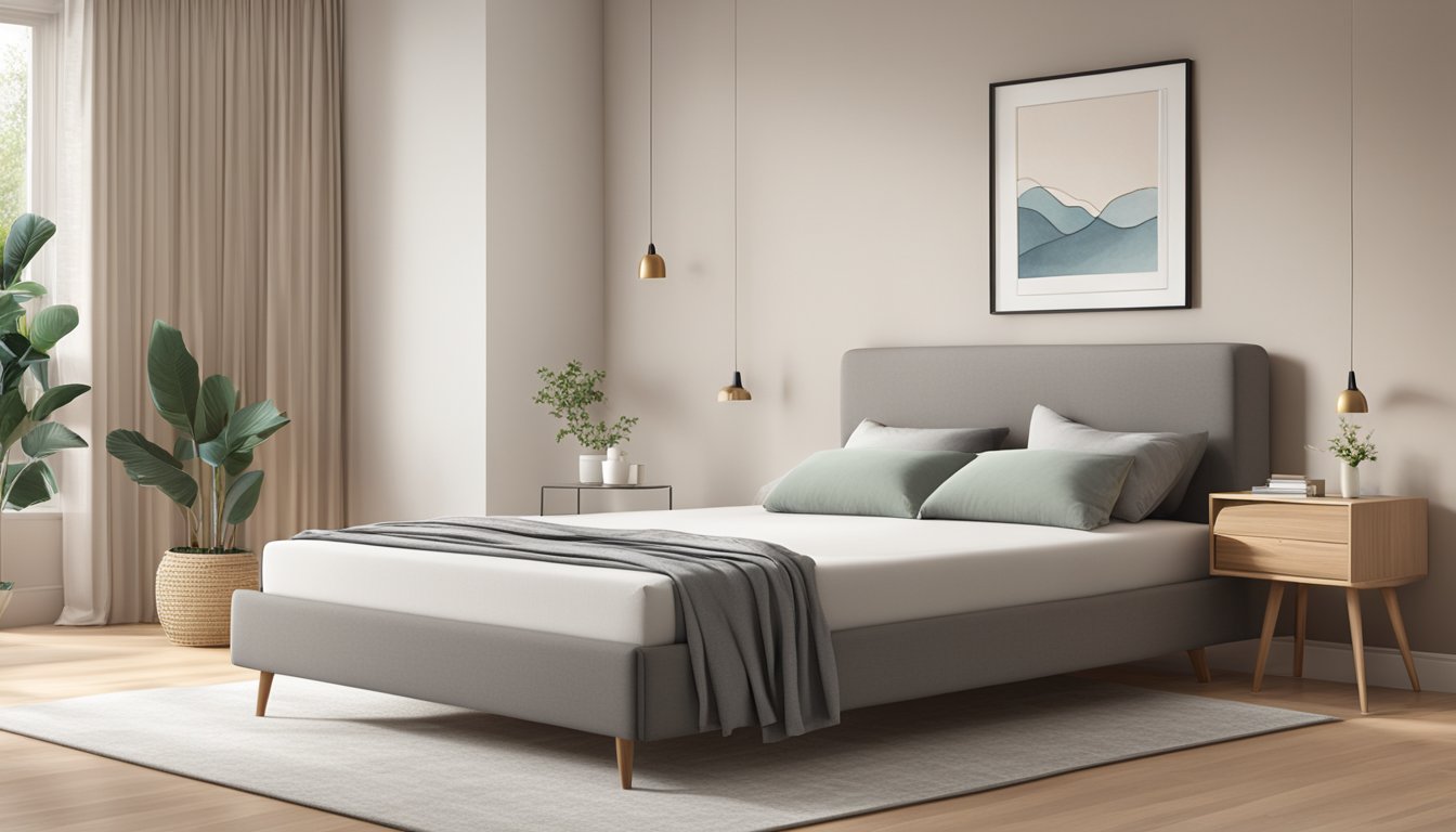 A queen size mattress measuring 152 cm by 203 cm, placed in a spacious bedroom with neutral-colored walls and soft lighting