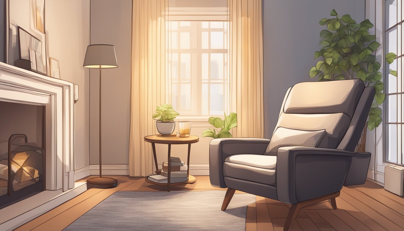 A recliner chair in a cozy living room, with a side table holding a cup of tea and a book. Soft lighting and a comfortable atmosphere