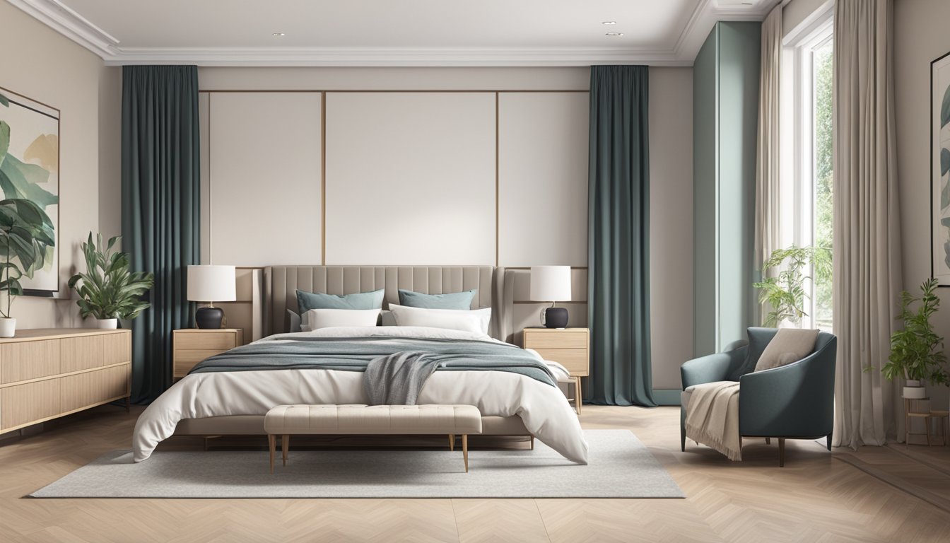 A spacious bedroom with a queen size mattress (152x203 cm) placed against a neutral-colored wall, surrounded by ample space for movement and other furniture