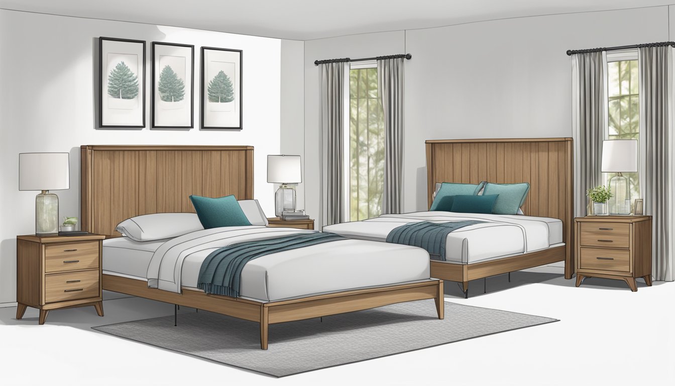 A double bed and a queen bed side by side, with price tags and measurements displayed