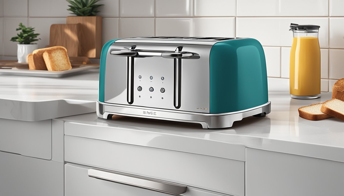 A Smeg toaster sits on a clean, white countertop, with a slice of golden brown toast popping out of its sleek, retro design