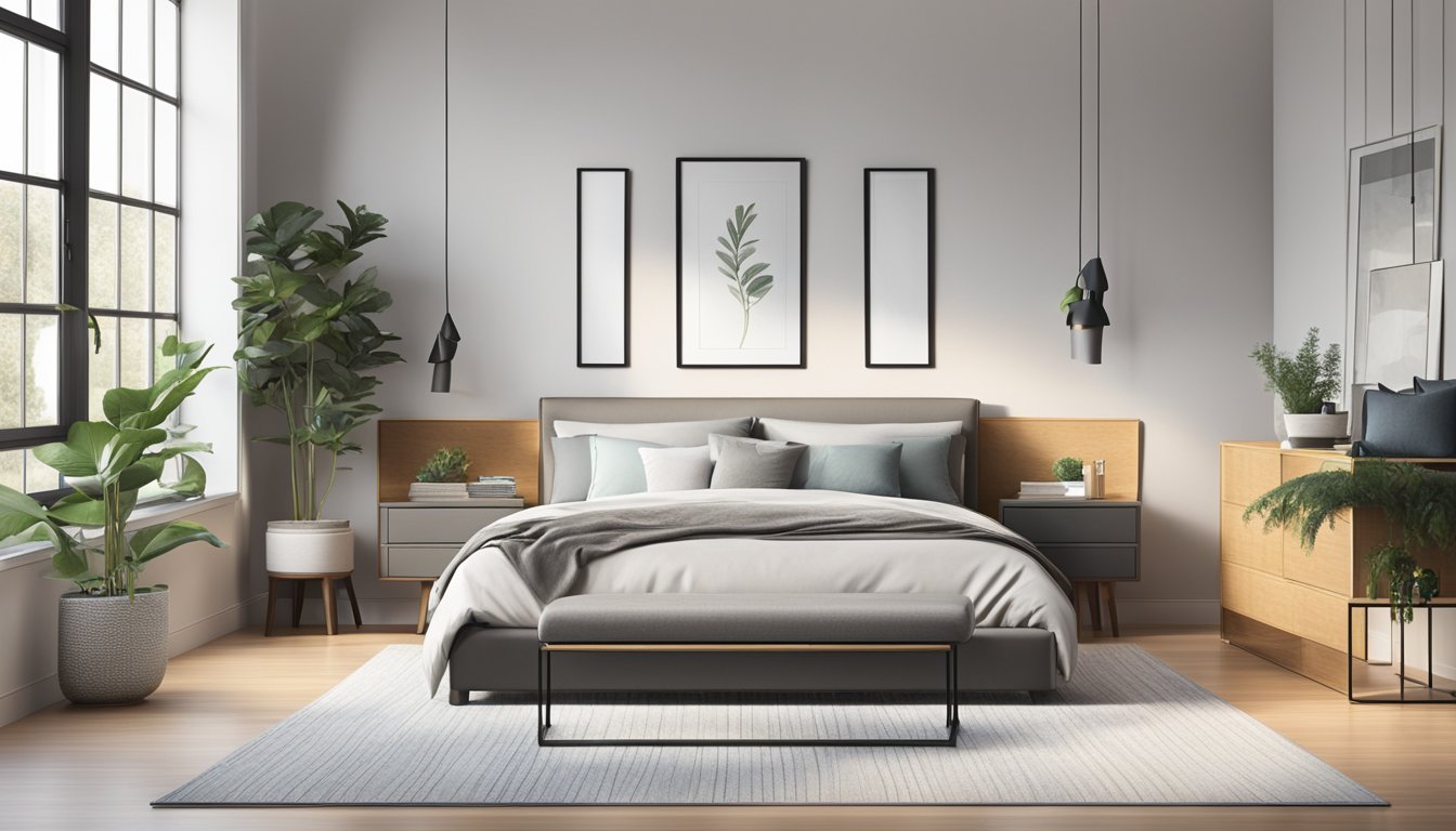 A sleek, modern queen size bed frame sits in a spacious, well-lit bedroom with minimalist decor and clean lines