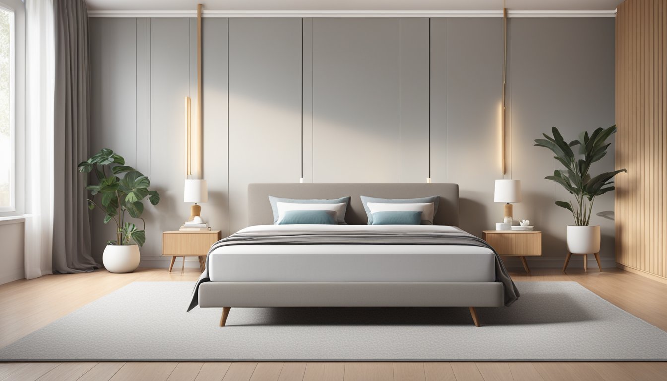 A queen size mattress measuring 152 cm x 203 cm, with a height of 20 cm, placed in a spacious bedroom with neutral-colored walls and minimalistic decor