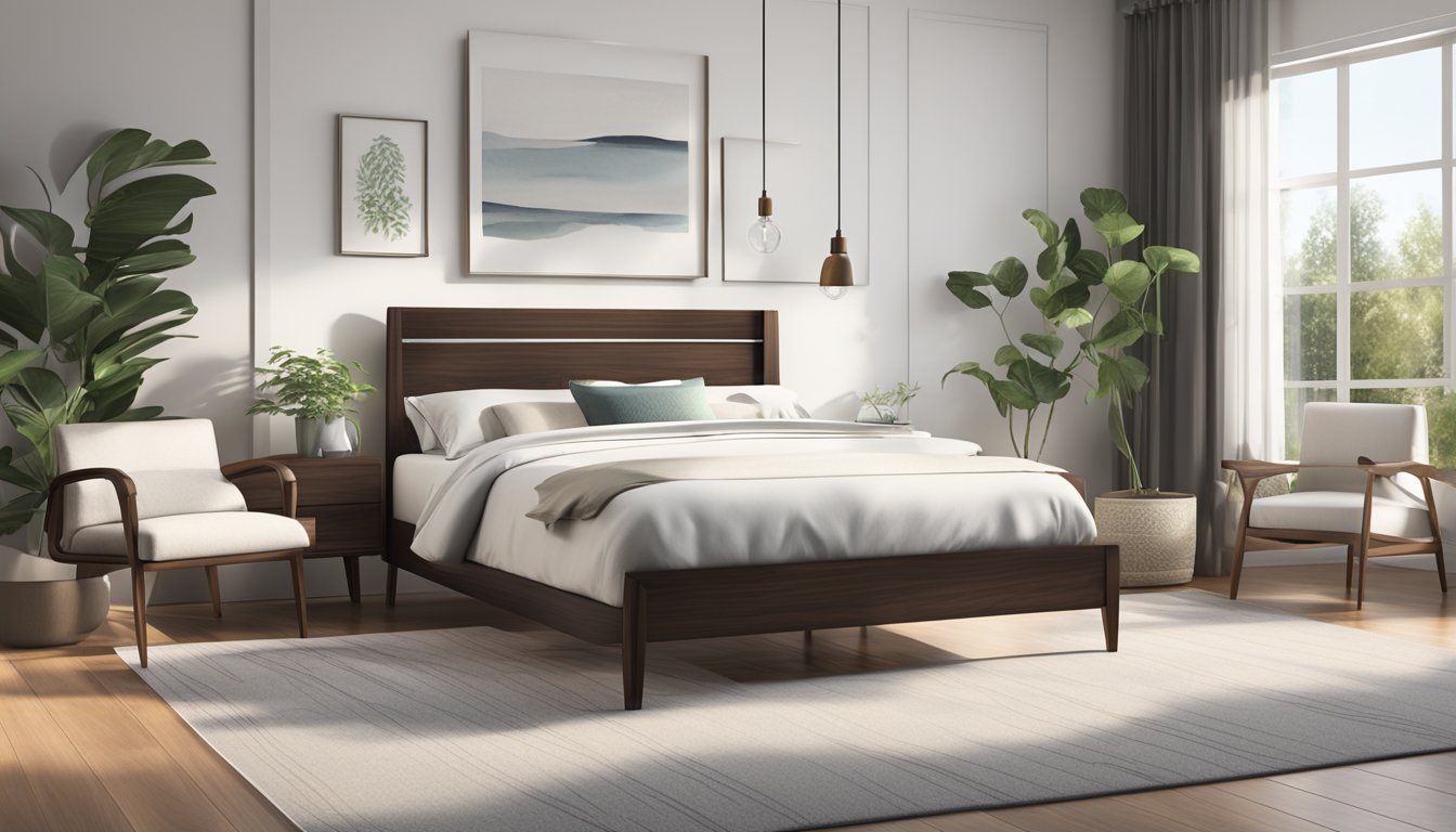 A sleek, modern queen size bed frame sits in a spacious, well-lit bedroom with clean, minimalist decor. The frame is made of sturdy, dark wood with elegant, simple lines, and the bed is neatly made with crisp, white linens