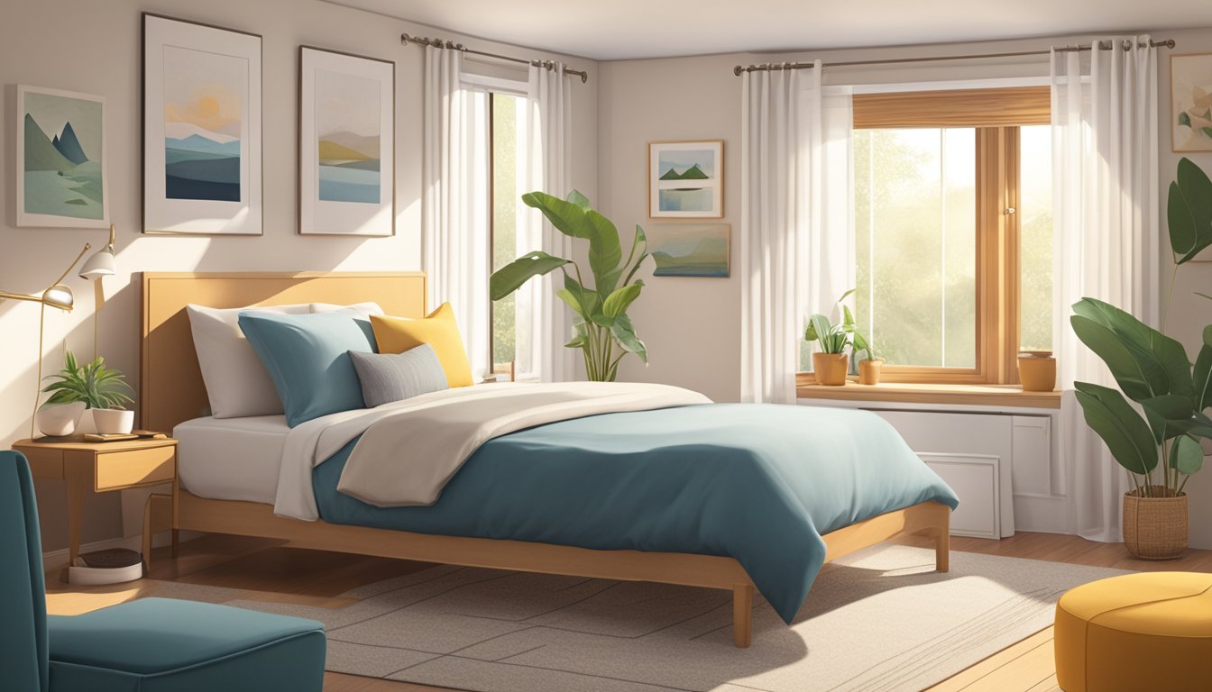 A cozy bedroom with a single bed positioned in the center, surrounded by various mattress options. The room is well-lit with natural sunlight streaming in through the window, creating a warm and inviting atmosphere