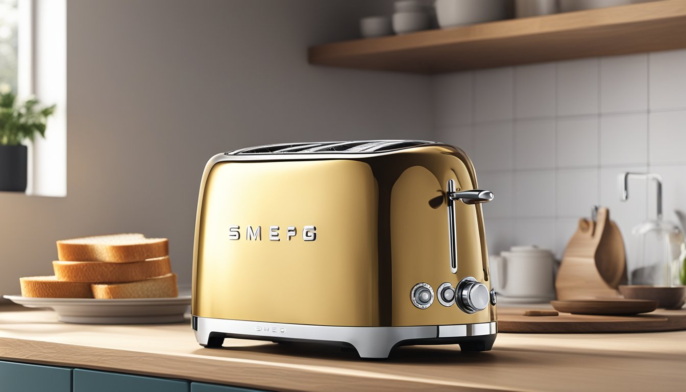 A Smeg toaster sits on a clean, modern kitchen countertop, with a slice of golden brown toast popping up from its sleek, retro design