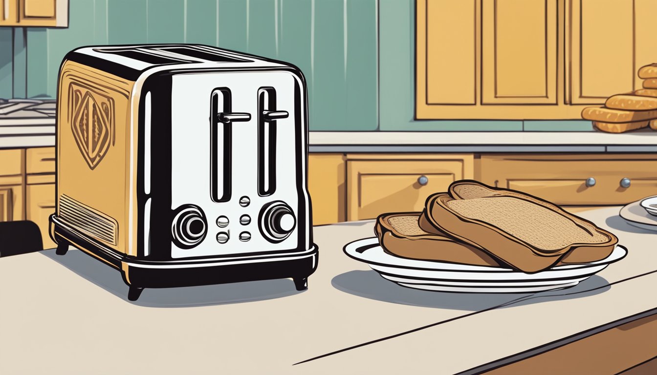 A sleek, retro-style toaster sits on a countertop, surrounded by a stack of bread slices and a jar of jam. The toaster's display panel features the words "Frequently Asked Questions" in bold lettering