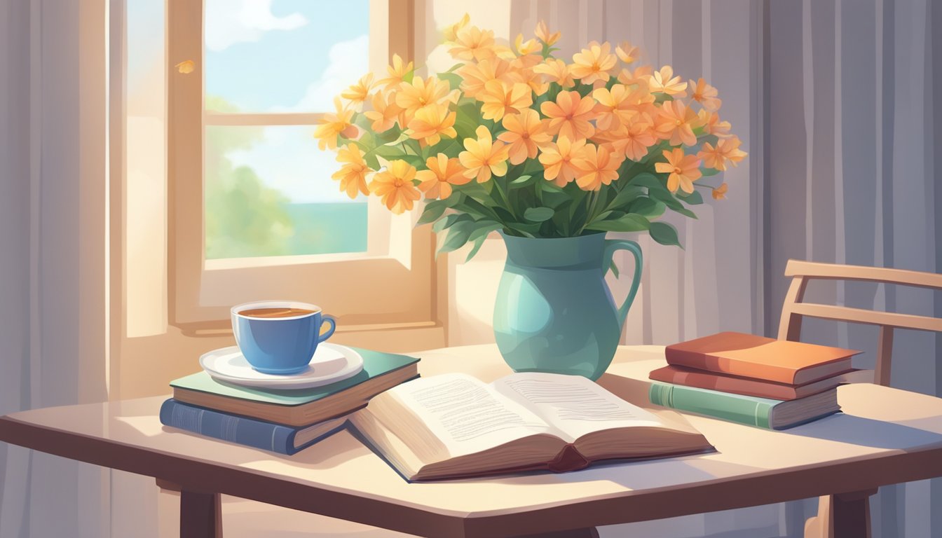 A table with a vase of flowers, a cup, and a book lies in the center of a bright, cozy room