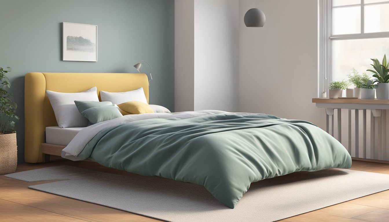 A super single bed, measuring 107 cm wide and 191 cm long, sits against a plain wall with a cozy comforter and a few scattered pillows