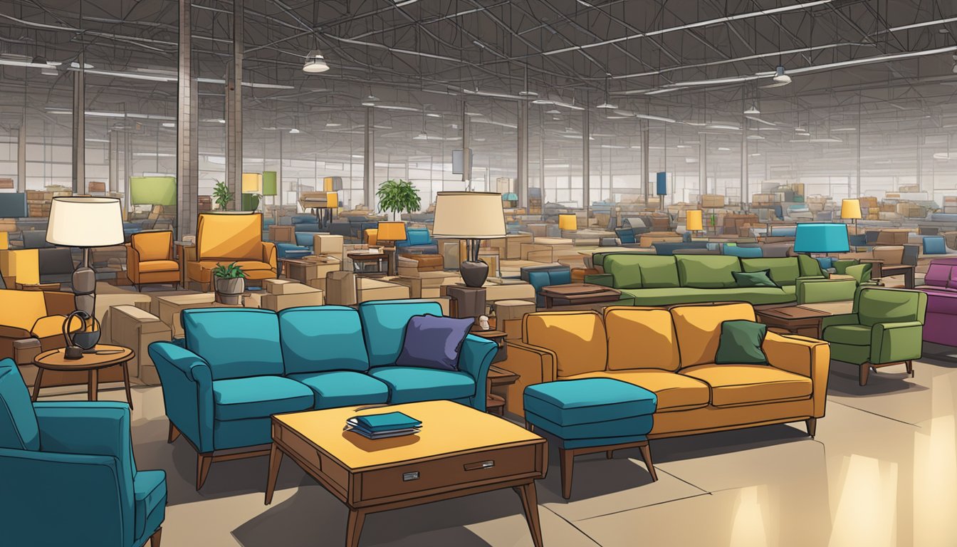 A bustling warehouse filled with high-quality furniture at unbeatable prices. Shoppers eagerly browse through the wide selection of sofas, tables, and chairs. Bright sale signs catch the eye, creating a sense of urgency and excitement