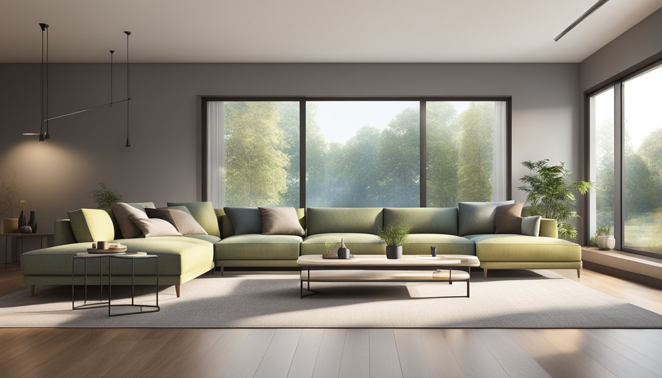 A modern 3-seater sofa in a living room, set against a backdrop of a large window with natural light streaming in