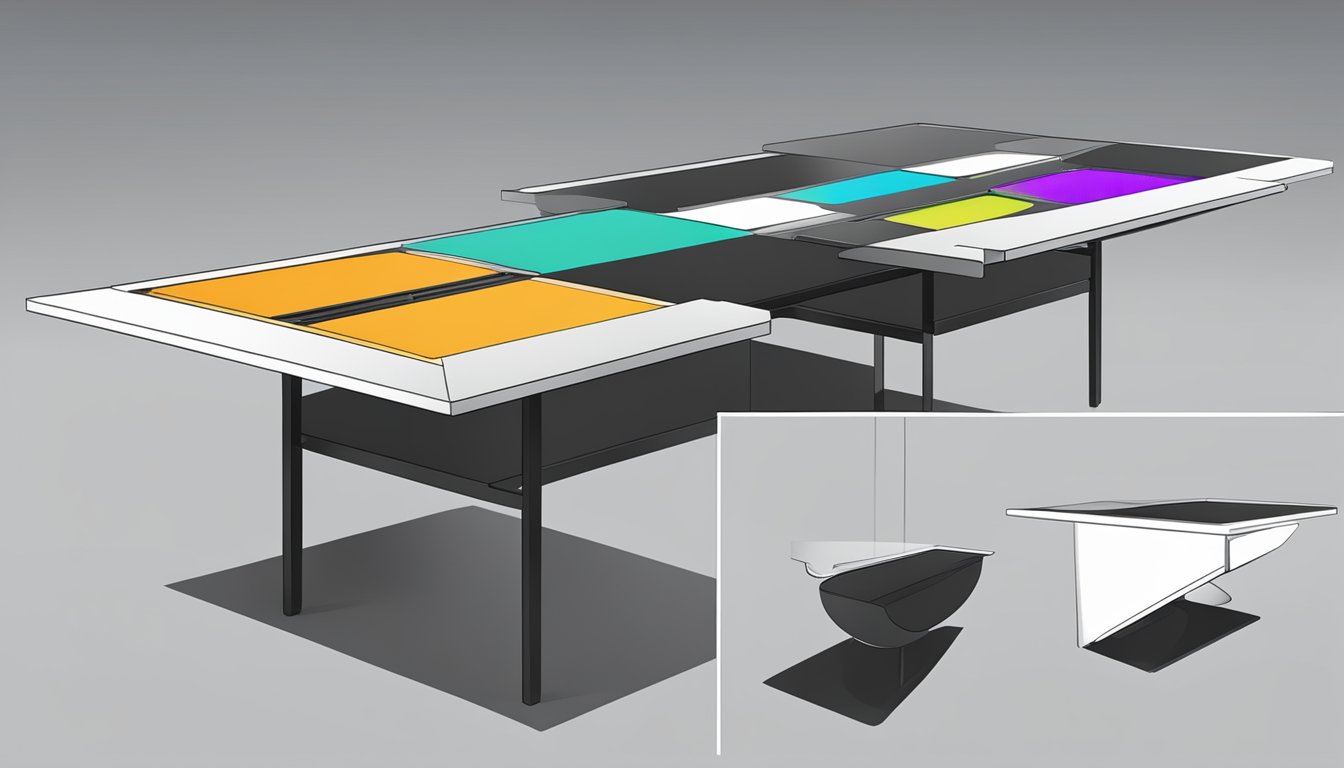 A sleek, modern table with adjustable height and built-in storage compartments. Clean lines and minimalist design