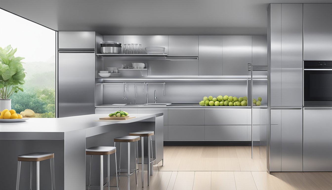 A sleek, modern kitchen trolley in Singapore, featuring clean lines, stainless steel surfaces, and organized storage compartments