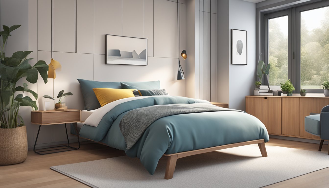 A cozy bedroom with a modern super single bed, measuring 107 cm wide and 191 cm long, with a sleek headboard and soft bedding