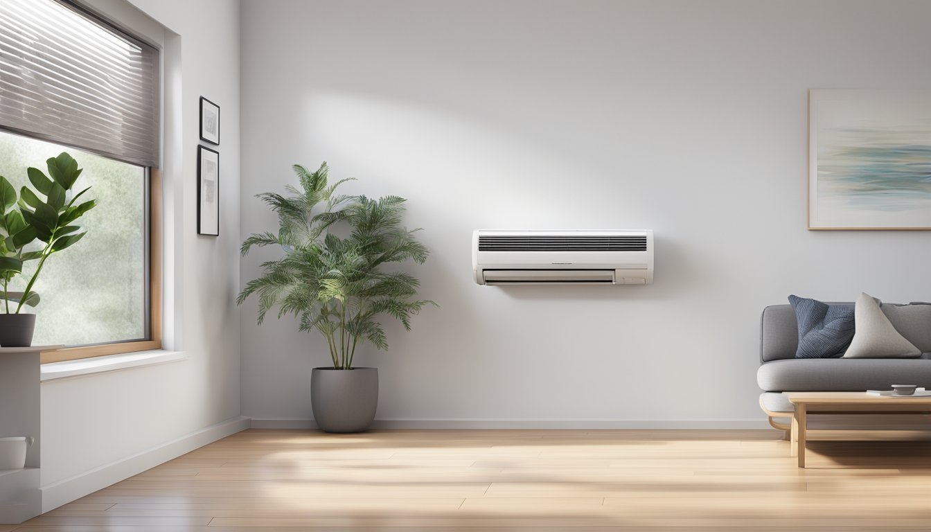 A Mitsubishi Electric aircon unit mounted on a white wall, with cool air flowing out and spreading across the room
