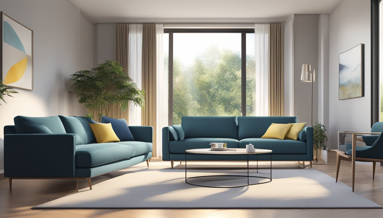 A modern 3-seater sofa in a spacious living room, with sleek design and comfortable cushions. Bright natural light streaming in from large windows