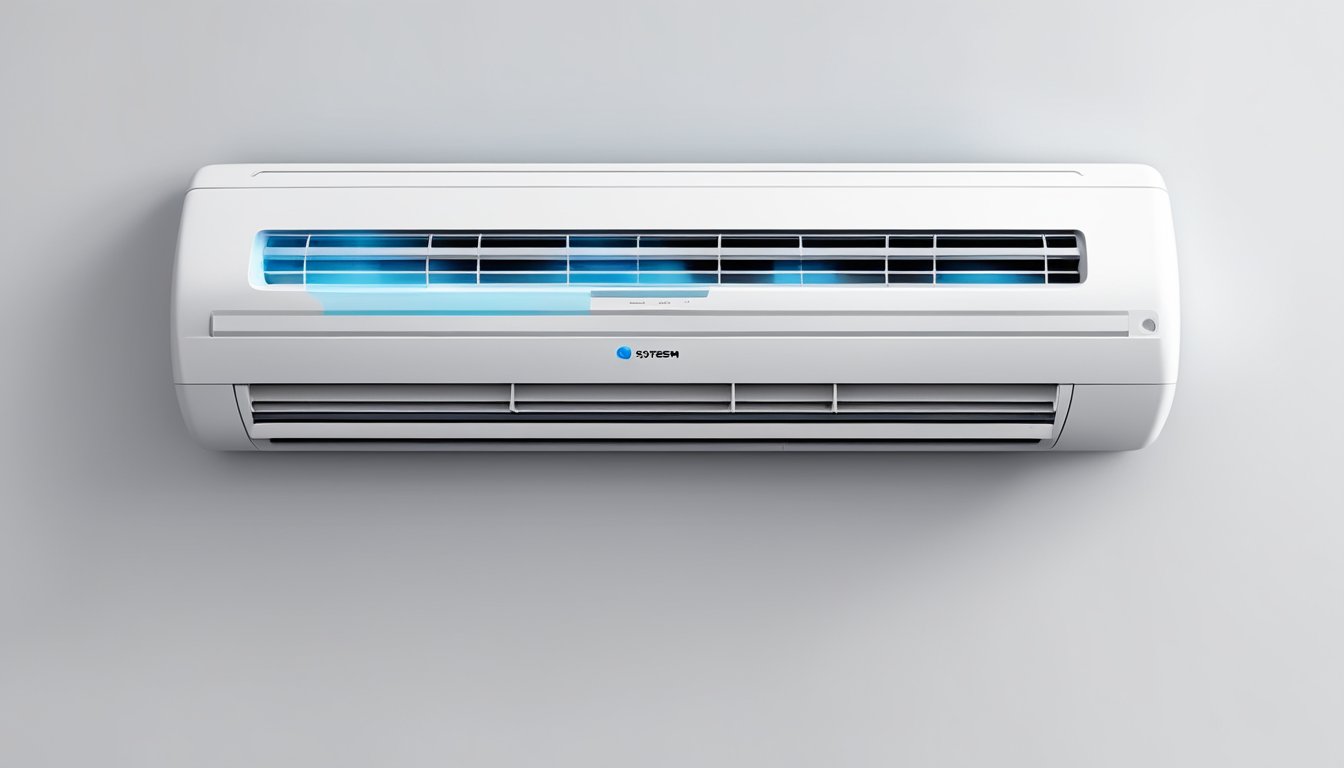 A modern air conditioning unit, labeled "system 2 aircon," mounted on a clean white wall with cool air flowing from the vents