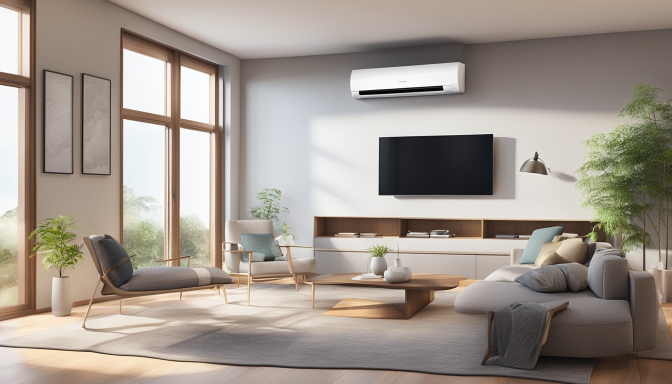 A modern living room with a sleek Mitsubishi Electric aircon unit mounted on the wall, displaying its innovative features like energy-saving technology and smart temperature control