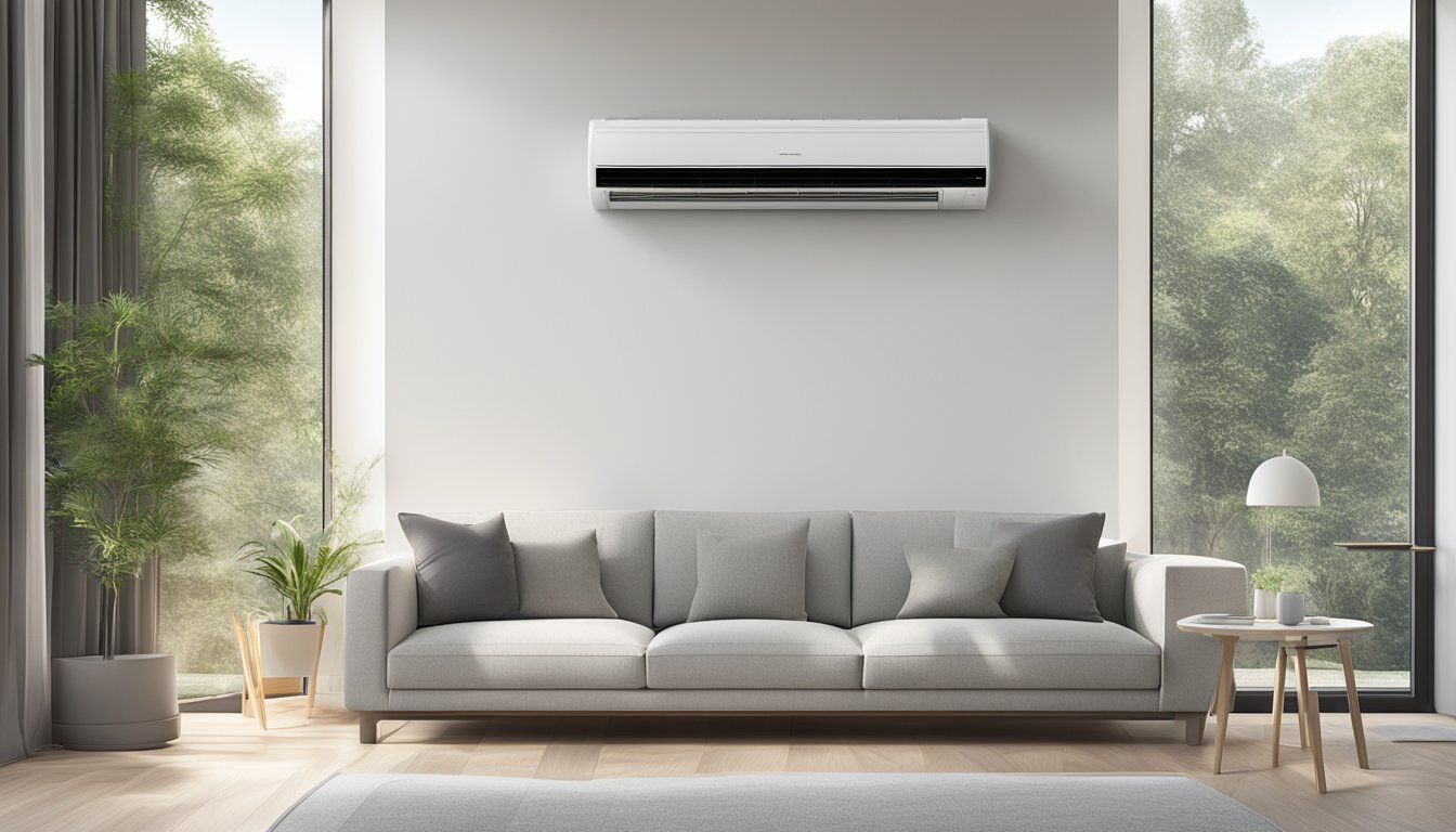 A Mitsubishi electric aircon unit hums quietly as it cools a modern, well-lit room, with energy efficiency and high performance evident in its sleek design and precise temperature control