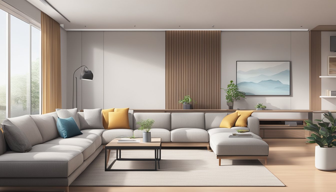 A modern living room with a Mitsubishi Electric aircon unit mounted on the wall, surrounded by comfortable furniture and a sleek, minimalist design aesthetic