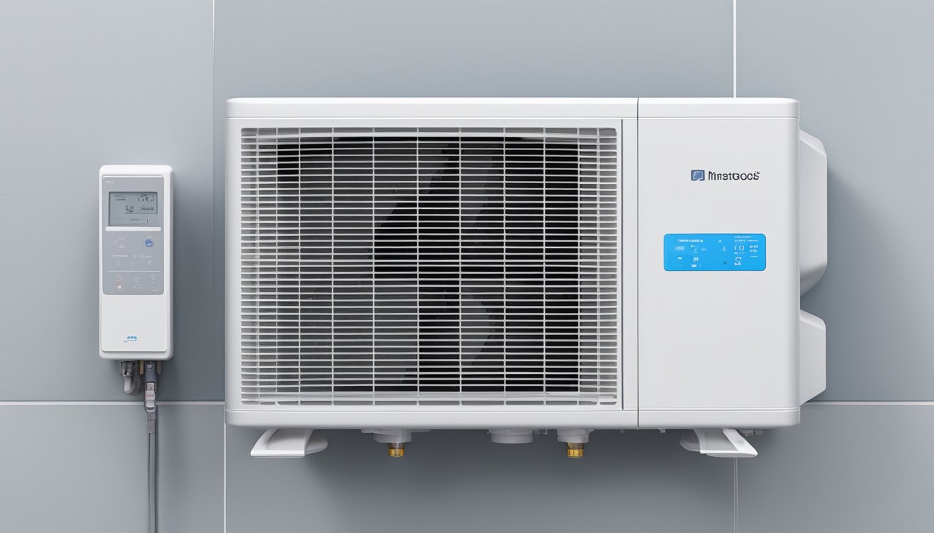 A close-up of the System 2 aircon unit, showing the control panel, vents, and compressor. The unit is mounted on a wall with clear labeling and minimalistic design