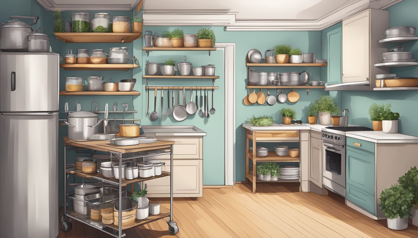 A small kitchen with a trolley holding pots, pans, and utensils. Shelves and hooks organize spices and tools. Efficient use of space