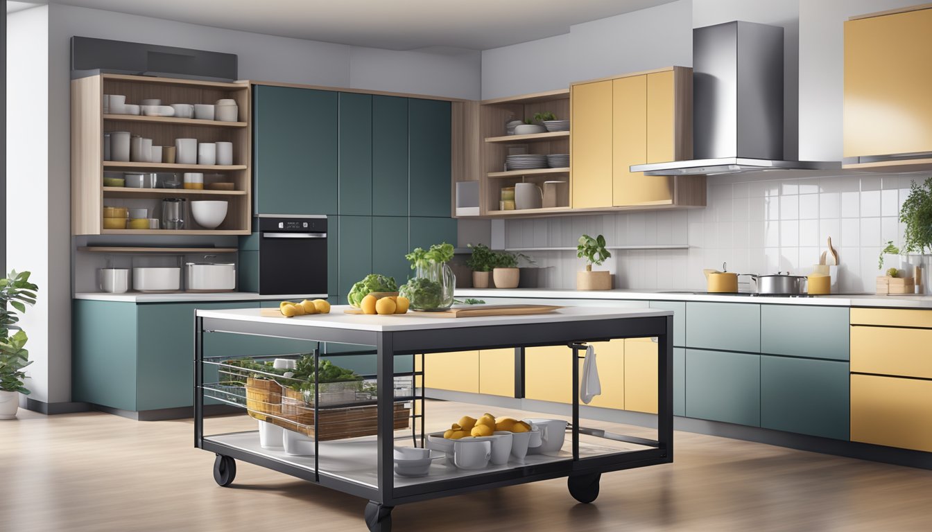 A sleek, modern kitchen trolley in a clean, well-lit setting with neatly organized shelves and drawers