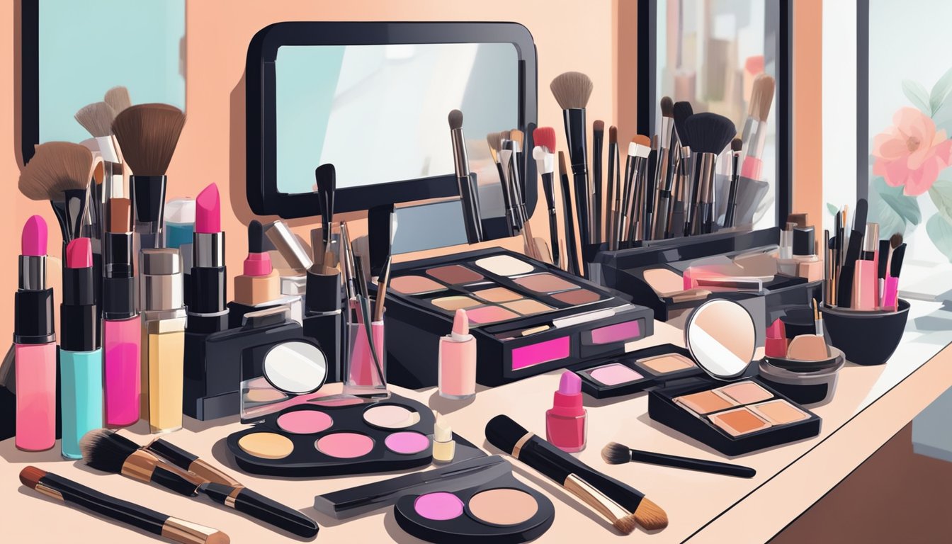 A cluttered makeup table with scattered brushes, palettes, and a mirror. Lipsticks and powders are strewn about, giving the impression of a busy morning routine