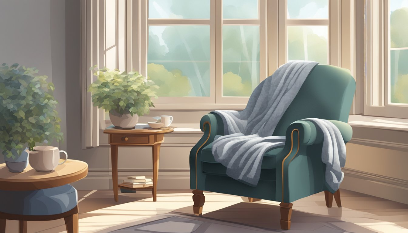 An elderly armchair sits by the window, adorned with a soft blanket and a small side table holding a cup of tea