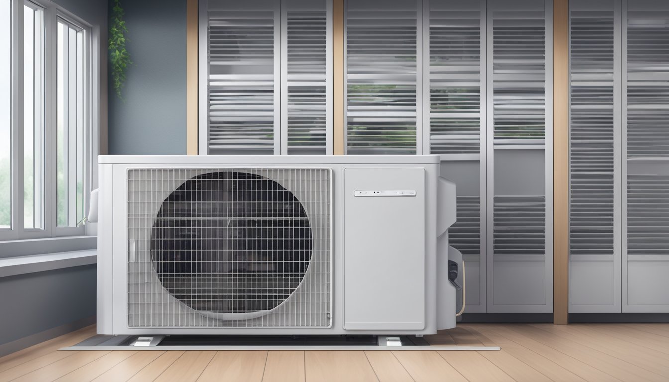 A modern air conditioning unit with a digital display and control panel, surrounded by a clean and organized space