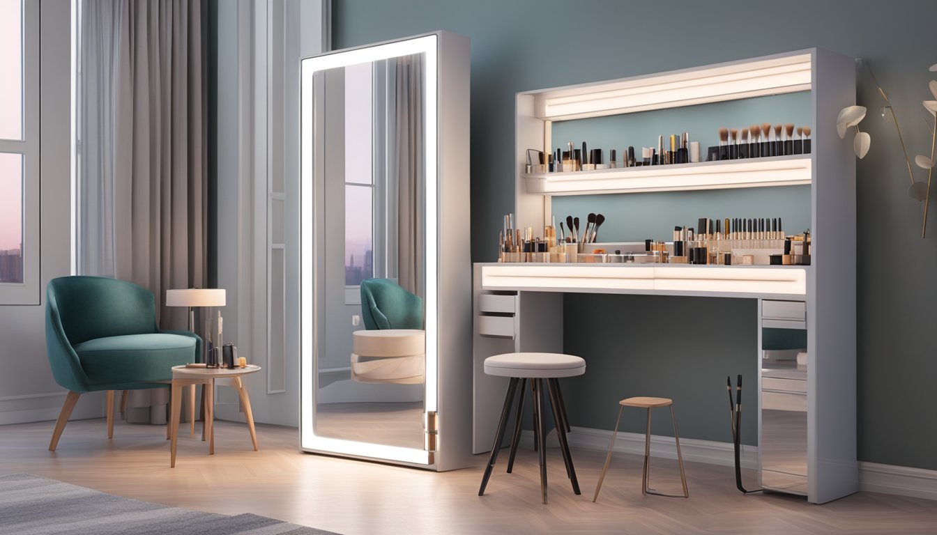 A sleek, modern makeup table with a large mirror, adjustable lighting, and multiple storage compartments for cosmetics and tools