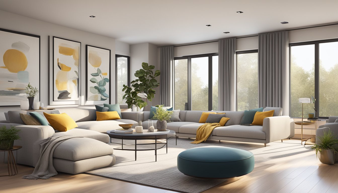 A modern living room with sleek furniture, neutral color palette, and pops of vibrant accents. Large windows flood the space with natural light, creating a warm and inviting atmosphere