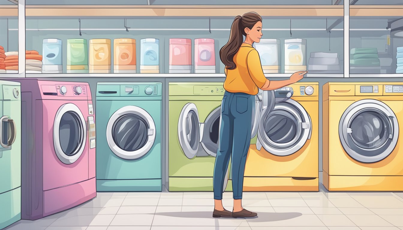 A woman carefully compares features of front load washing machines in a bright, spacious appliance store