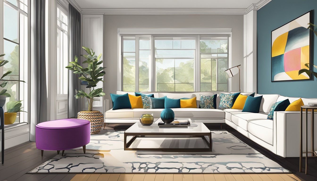A modern living room with sleek furniture, clean lines, and pops of vibrant color. A mix of traditional and contemporary elements, with intricate patterns and textures