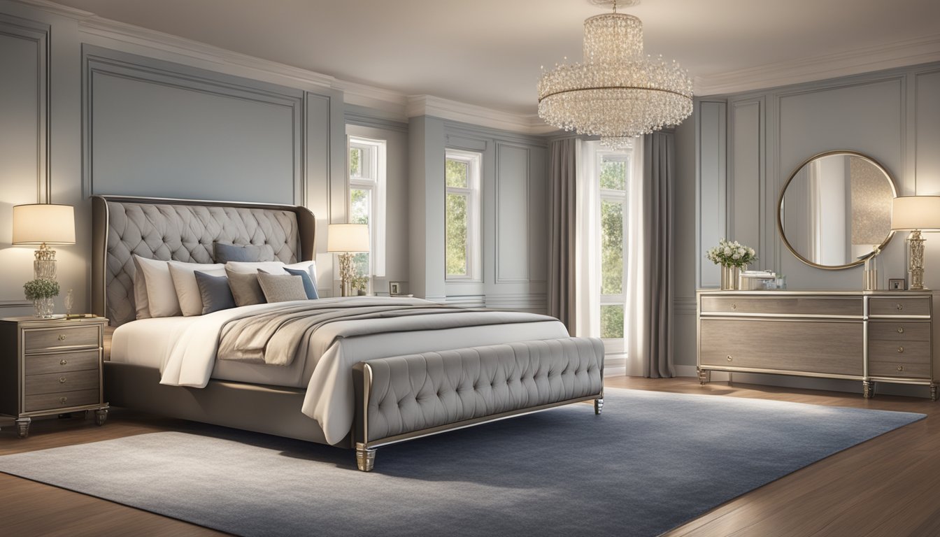 A grand king bed with plush pillows and a luxurious duvet, surrounded by elegant nightstands and soft lighting